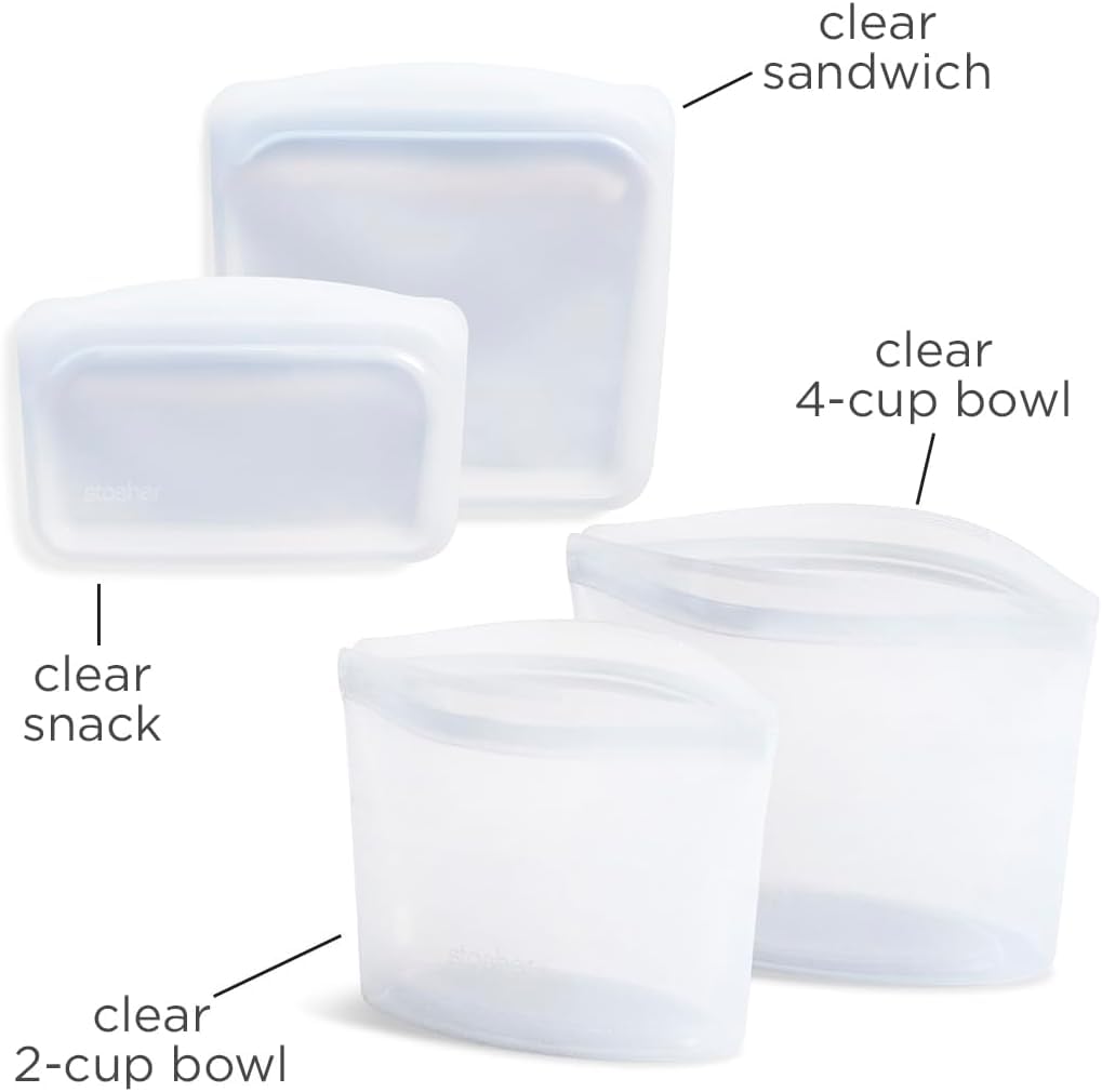 Stasher Silicone Reusable Food Storage Bags, 4-Pack, Reusable Freezer Bags, Microwave, Dishwasher, Oven Safe, Sous Vide, Premium Lunch Containers, Eco Friendly, Food-safe Silicone Snack Bag, Clear