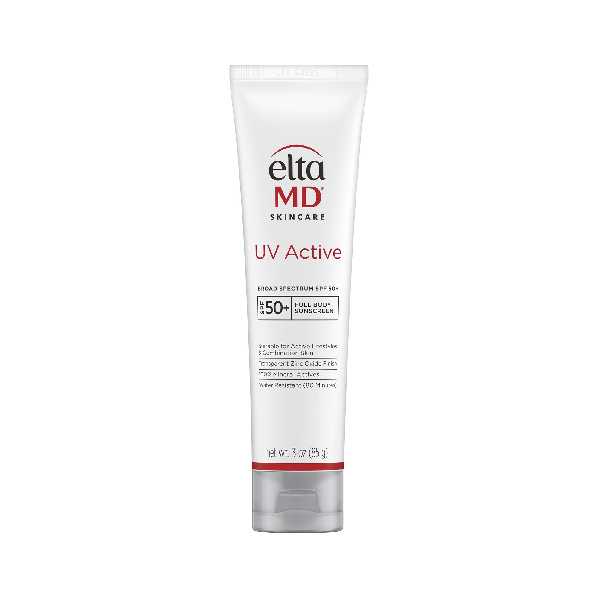 EltaMD UV Active 100% Mineral Sunscreen, SPF 50+ Full Body Sunscreen for Active Lifestyles, Water Resistant Up to 80 Minutes, 3.0 oz Tube