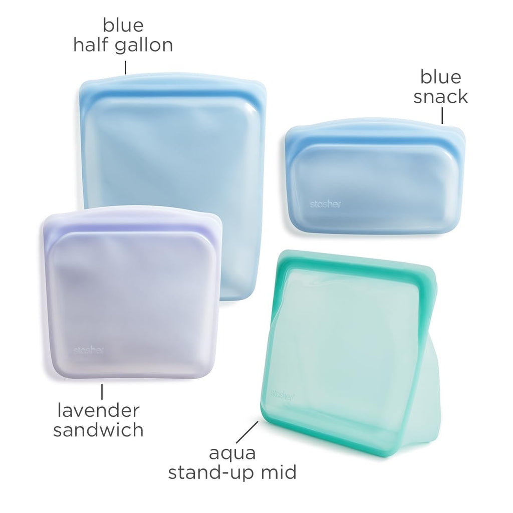 Stasher Silicone Reusable Storage Bags, 4-Pack, Reusable Freezer Bags, Microwave, Dishwasher, Oven Safe, Sous Vide, Premium Lunch Containers, Eco Friendly, Food-safe Silicone Snack Bag, Clear