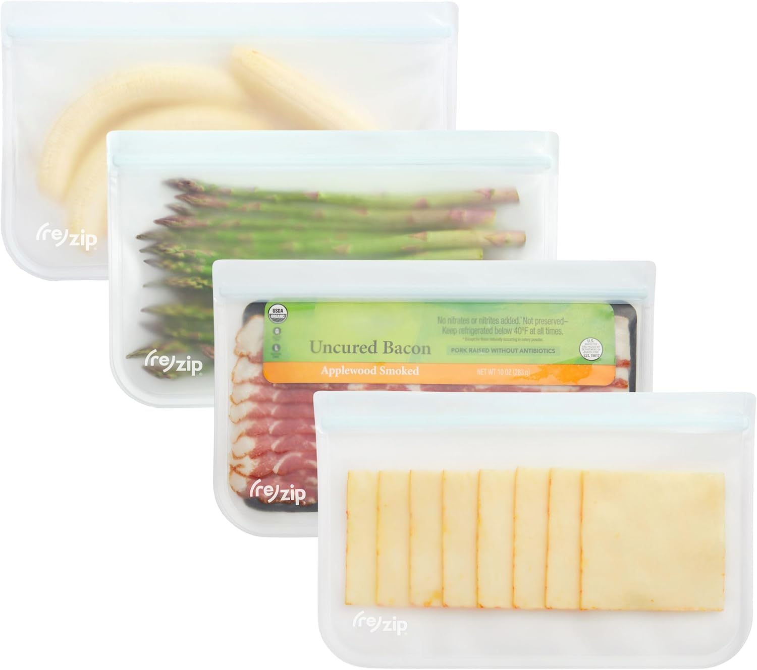 (re) zip Gallon Reusable Storage Bags, BPA-Free, Leakproof, Food-Grade 100% Food-Safe PEVA, for Food Storage and Freezer Use, Holds 16 cups | 128 fl oz, 4-Pack (Clear)