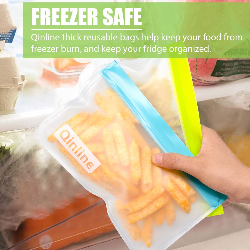 Qinline Reusable Food Storage Bags - 10 Pack Freezer Bags, Reusable Bags Silicone, Extra Thick Leakproof Reusable Lunch Bag for Salad Fruit Snack Travel - 2 Gallon 4 Sandwich 4 Snack Bags