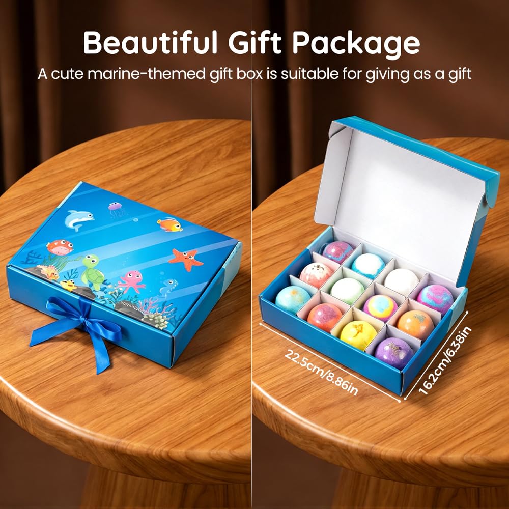 Ocean Toy Bath Salt Ball Sleeve Box Bath Bombs for Adult, Bath Bombs with Surprise Inside, 12-Pack Upgrade Easter Gifts Bubble Easter Basket Stuffers Easter Egg Fillers (Sea Animal 12Pcs)