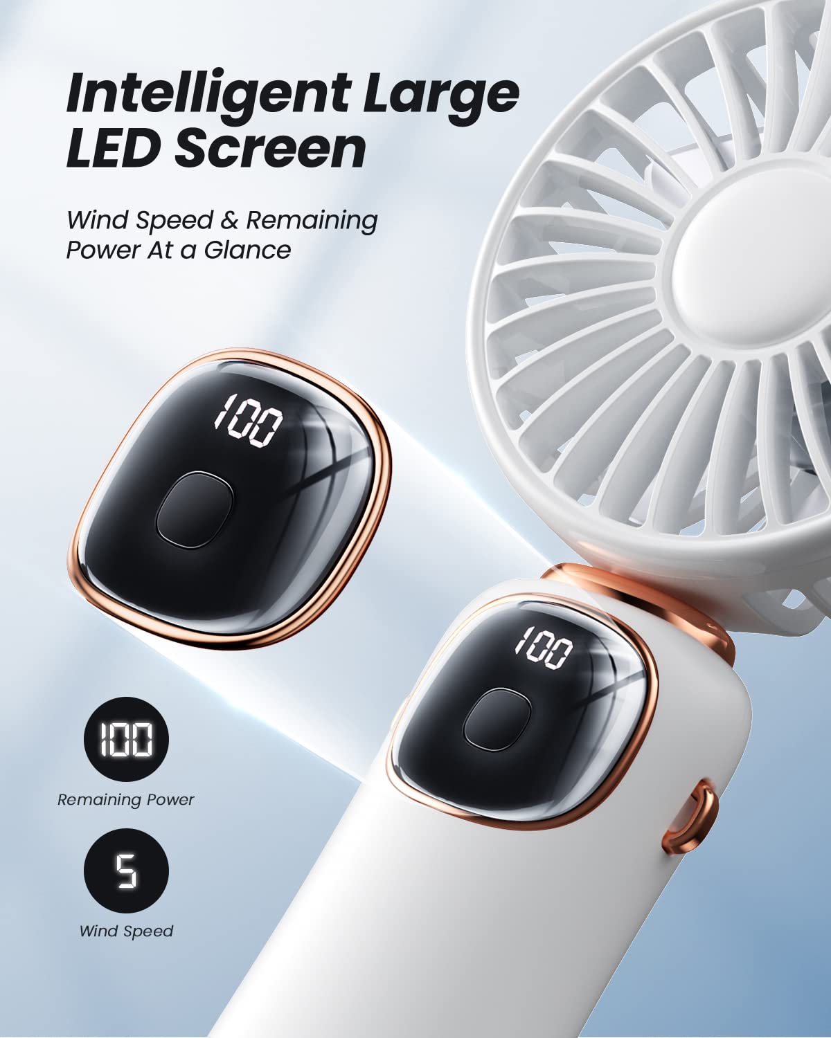 coldSky Portable Handheld Fan, 4000mAh Battery Operated with LED Display, Handheld/Neck/Desk 3 in 1 Personal Small Fan, 90° Foldable Desk Fan with Base, 5 Speed Lash Makeup Fan for Women
