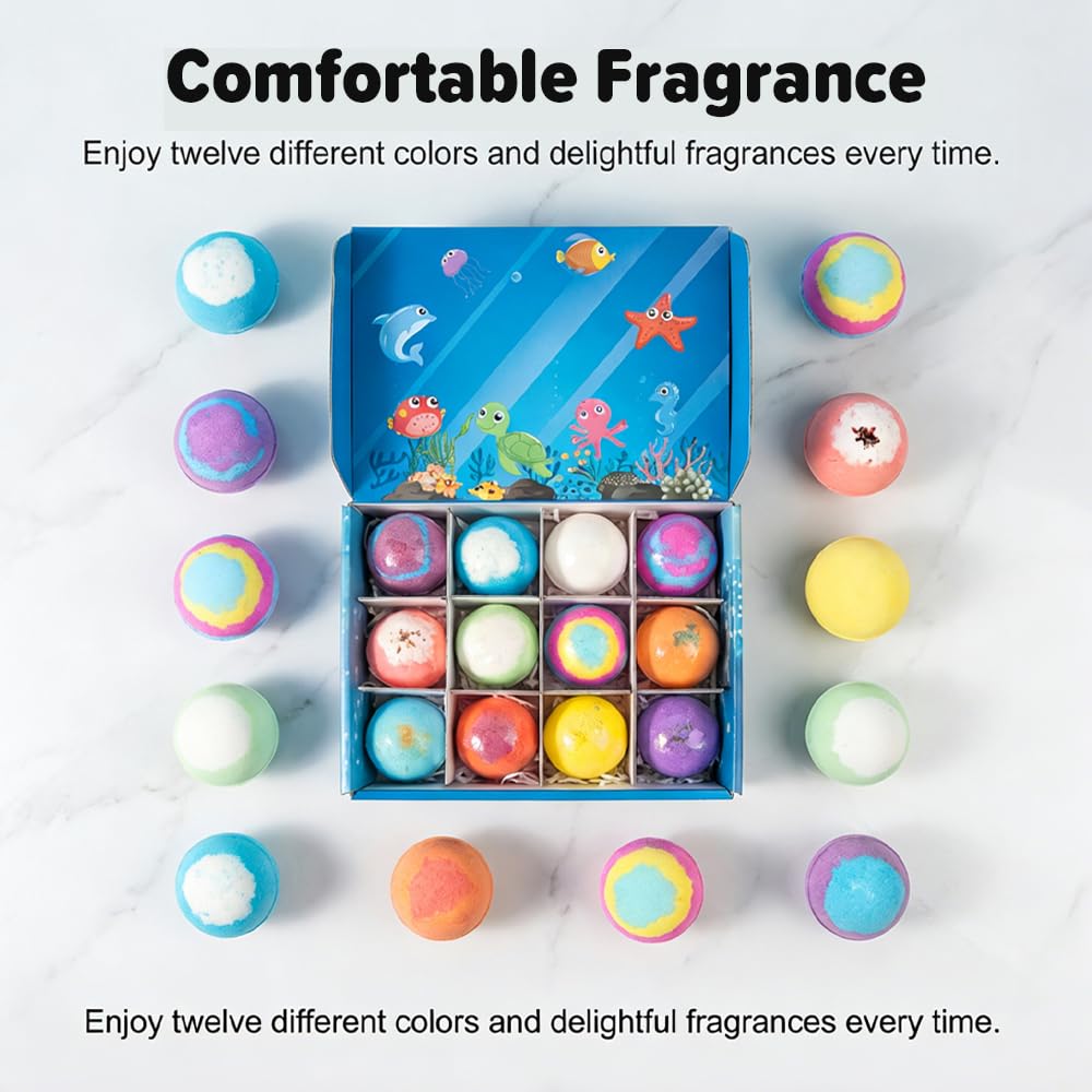 Ocean Toy Bath Salt Ball Sleeve Box Bath Bombs for Adult, Bath Bombs with Surprise Inside, 12-Pack Upgrade Easter Gifts Bubble Easter Basket Stuffers Easter Egg Fillers (Sea Animal 12Pcs)