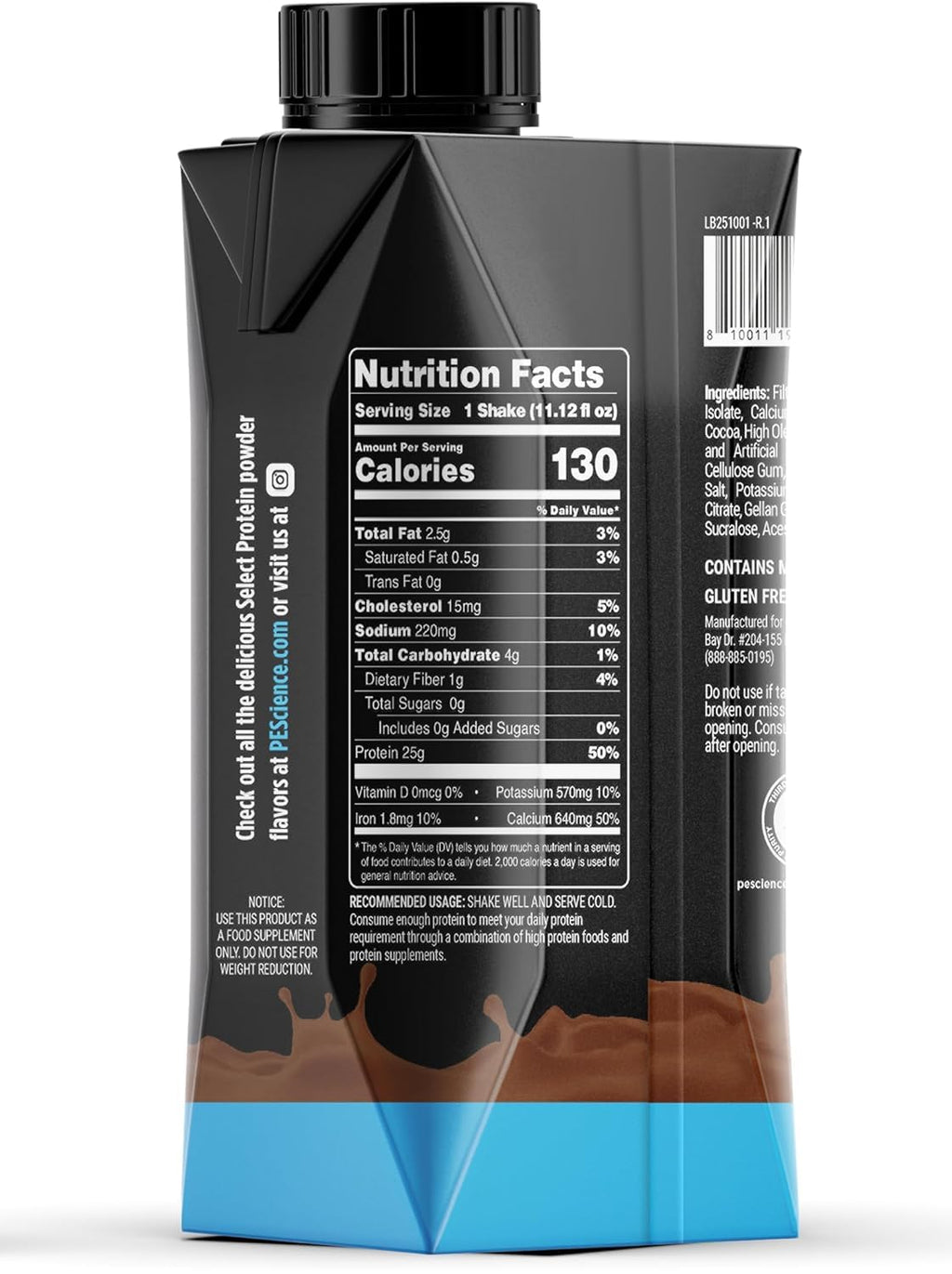 PEScience Select Protein Shake RTD, 25g Whey and Casein Blend, High Protein Drink, Gluten Free, Keto Friendly, 0g Sugar, Low Carb Ready to Drink Meal Replacement, Chocolate Truffle - Pack of 4