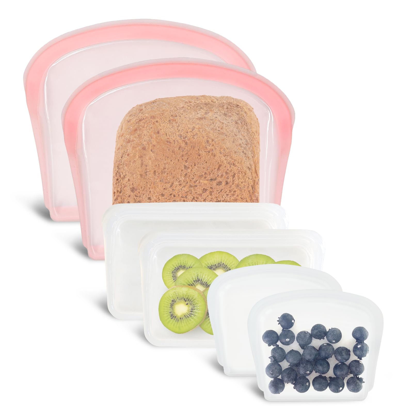 Reusable Silicone Storage Bag, 8Pack Pocket, Snack, and Sandwich Bag, Endurables Seal-Top Silicone Bags for Food Storage, Freezer, Microwave, Oven, Dishwasher Safe (Clear & Peach)