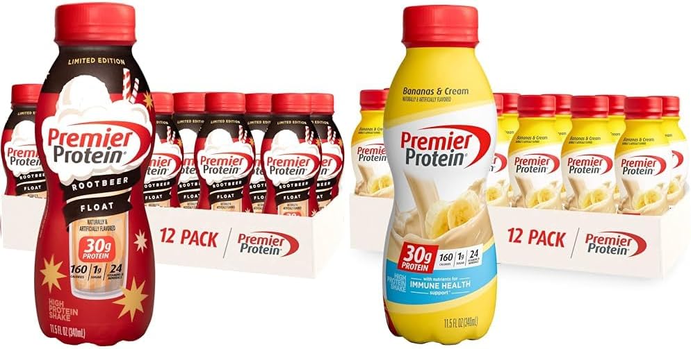 Premier Protein Shake Root Beer Float 30g Protein 12 Pack + Bananas & Cream 30g Protein 12 Pack