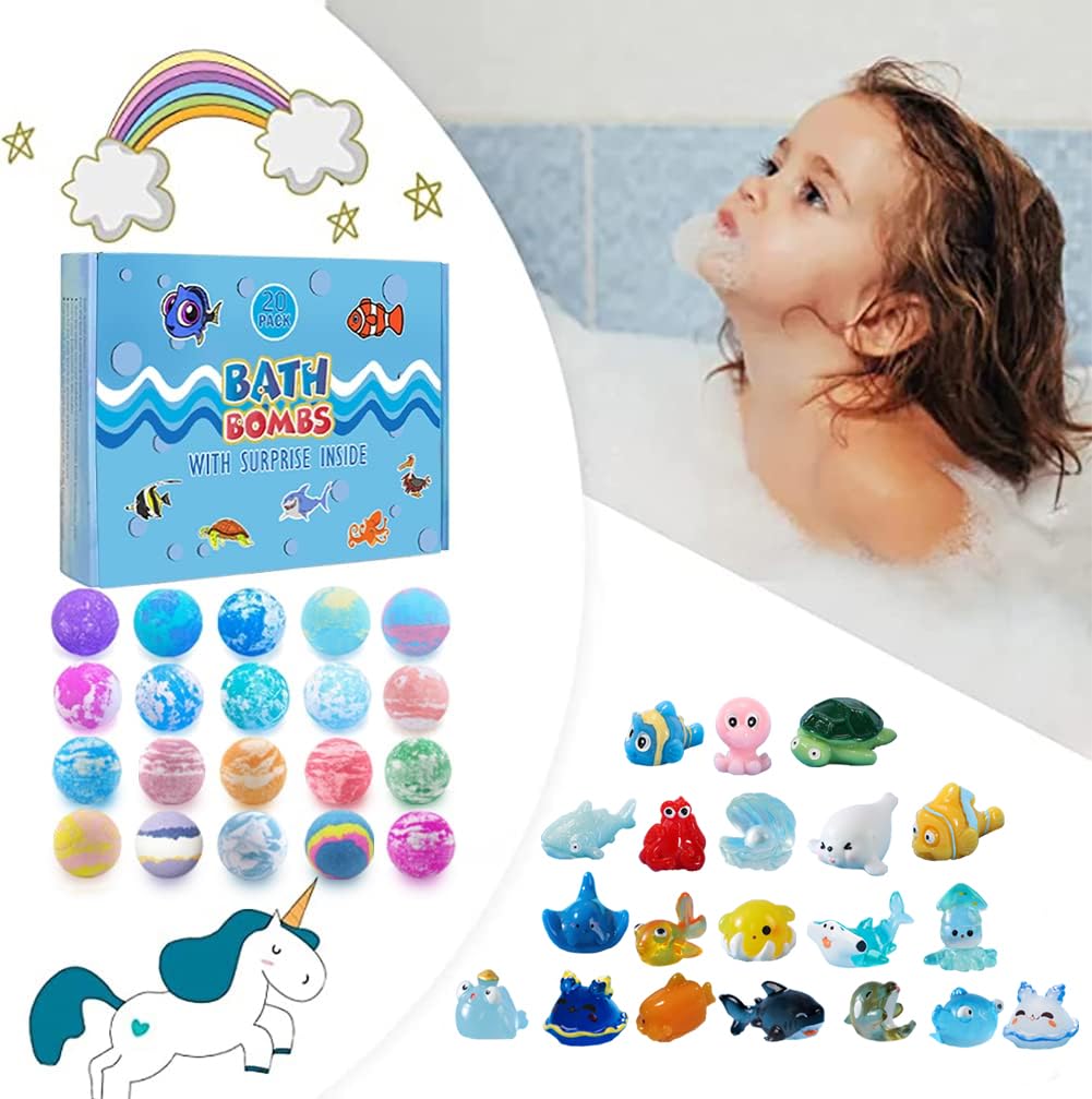 Bath Bombs for Kids with Surprise Fishing Games Inside for Girls Boys - 20 Kids Bath Bombs Gift Set, Handmade Bubble Bath Fizzes Bomb for Chrildren Birthday Christmas and Party Favor Gift for Boys