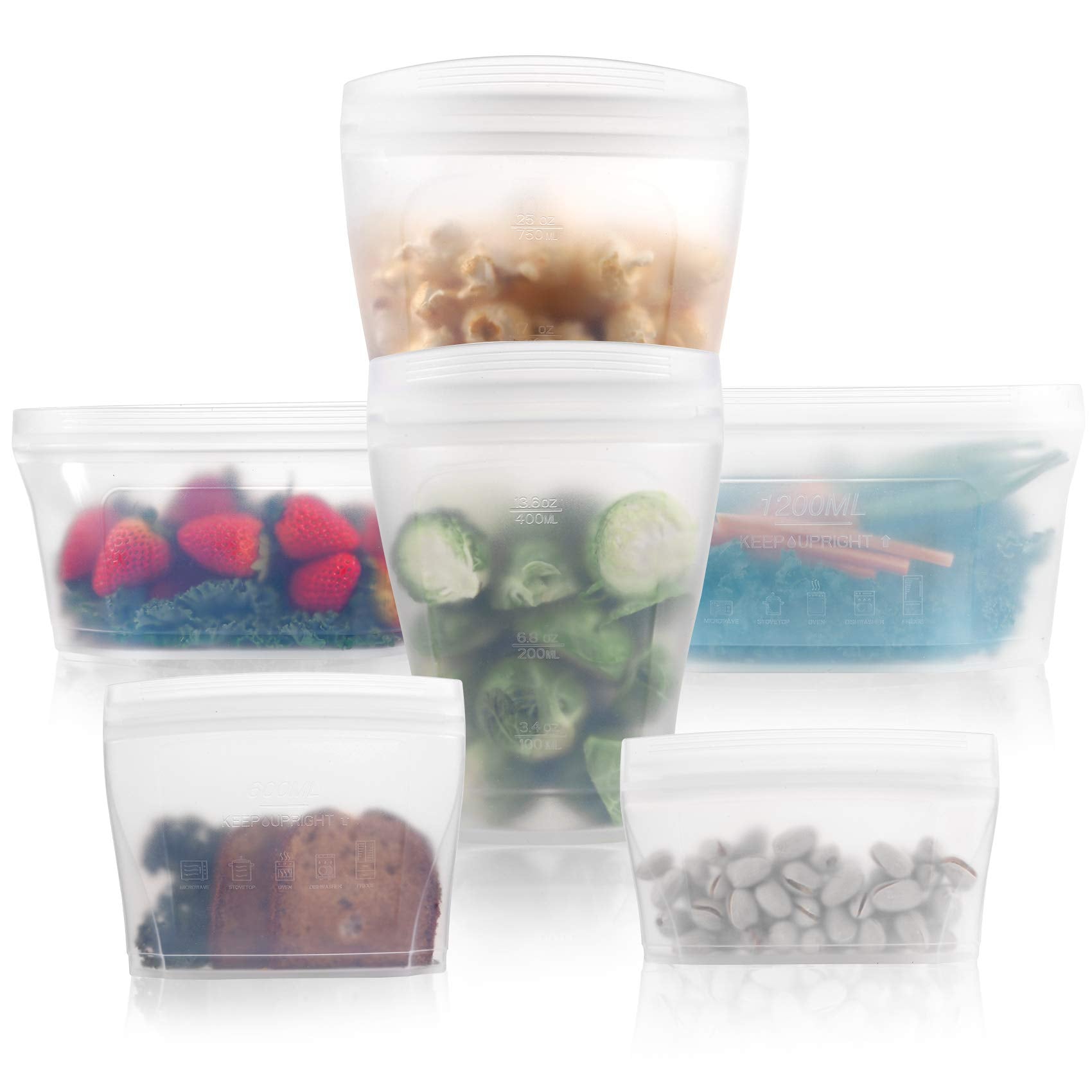 Reusable food container silicone bag, Upgrade second generation 6 Pcs Containers Storage, 100% Silicone Reusable Food Bag, Stand Up Preservation Bag, Rounded interior for easy cleaning.