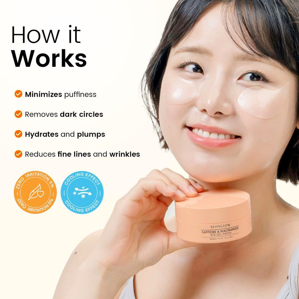Caffeine Under Eye Patches: 30 Pairs Korean Hydrogel Eye Masks for Dark Circles Puffiness Relief with Niacinamide Hyaluronic Acid - Undereye Brightening Hydrating Anti-Wrinkle Treatment