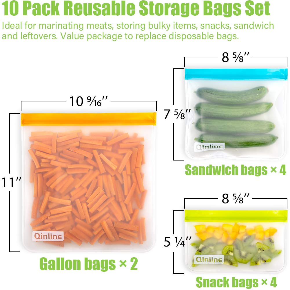 Qinline Reusable Food Storage Bags - 10 Pack Freezer Bags, Reusable Bags Silicone, Extra Thick Leakproof Reusable Lunch Bag for Salad Fruit Snack Travel - 2 Gallon 4 Sandwich 4 Snack Bags