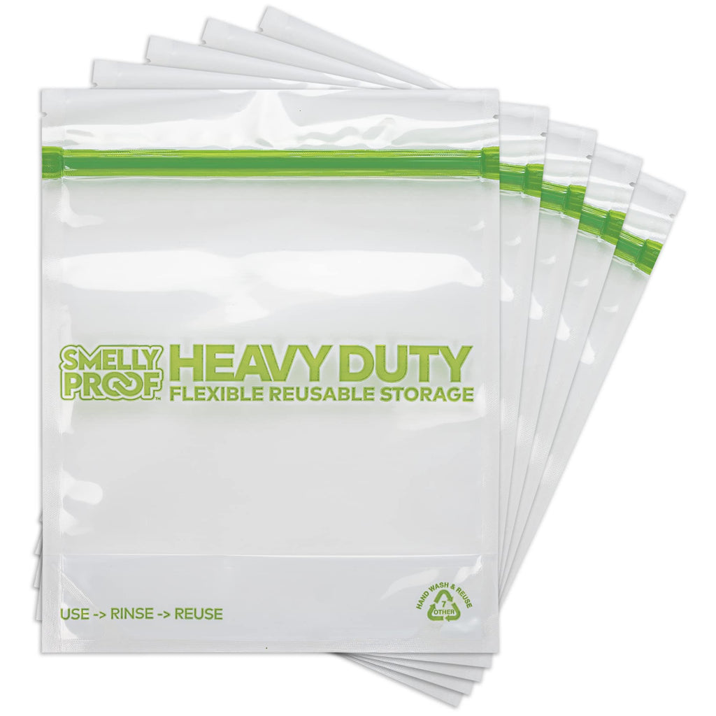 Smelly Proof HEAVY DUTY Reusable STAND-UP Bags for Food Storage, USA Made, NO PEVA & BPA FREE, Reusable Freezer Bags, Dishwasher-Safe, Triple Zip, CLEAR 5-mils XXL 2-Gallon 12" x 16" - 5pk