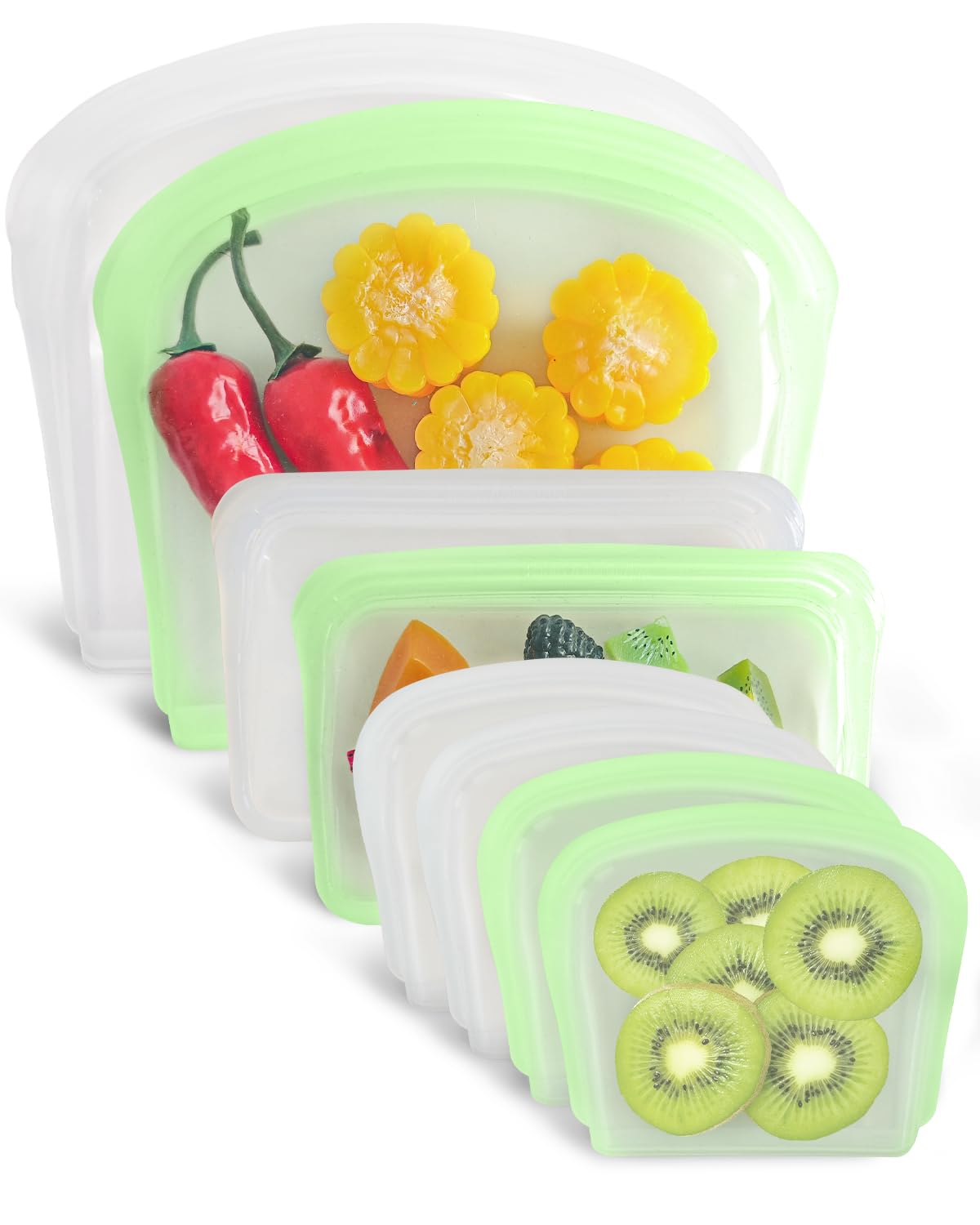 Reusable Silicone Storage Bag, 8Pack Pocket, Snack, and Sandwich Bag, Endurables Seal-Top Silicone Bags for Food Storage, Freezer, Microwave, Oven, Dishwasher Safe (Clear & Peach)