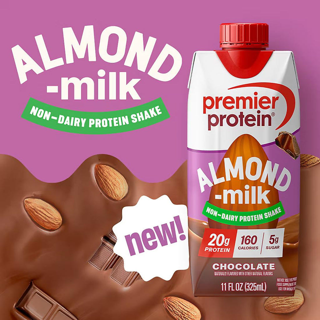 Premier Protein Chocolate Almond Milk Non-Dairy Protein Shake, 20g Protein, 5g Sugar, 160 Calories, 11 fl oz, 15 Pack
