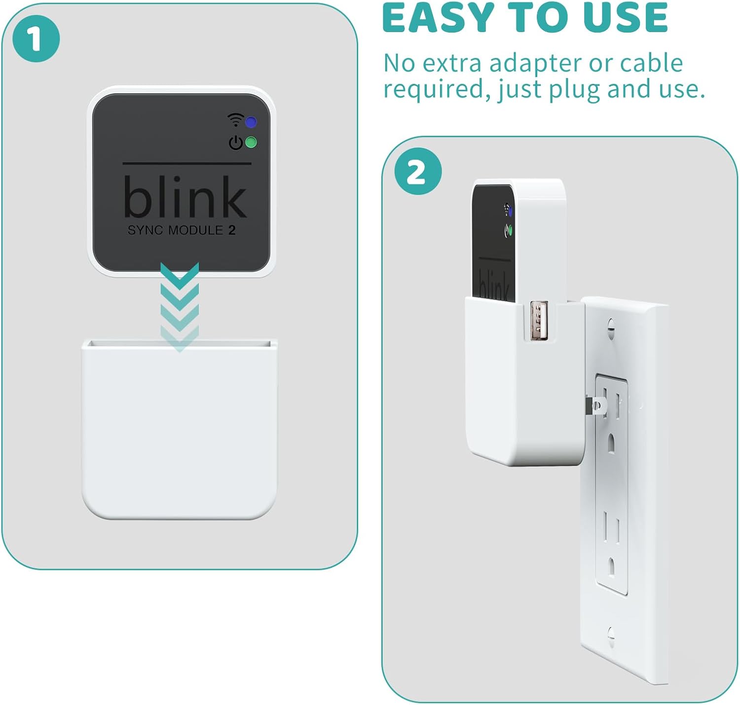 2-in-1 Outlet Wall Mount for Blink Sync Module 2, Space Saving Holder with Built-in Plug – Sync Module 2 Charging Station for Blink Outdoor/Indoor Camera, Easy Install & No Cable Needed | Integrated Design, Plug and Play