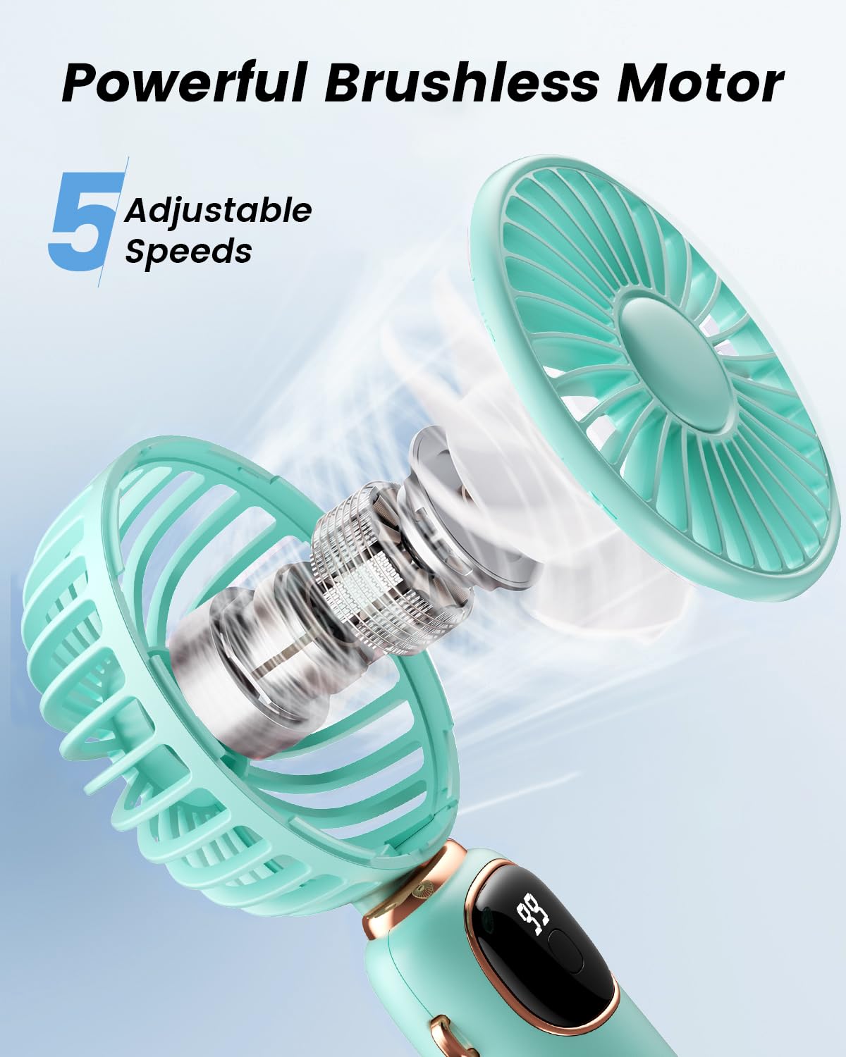coldSky Portable Handheld Fan, 4000mAh Battery Operated with LED Display, Handheld/Neck/Desk 3 in 1 Personal Small Fan, 90° Foldable Desk Fan with Base, 5 Speed Lash Makeup Fan for Women