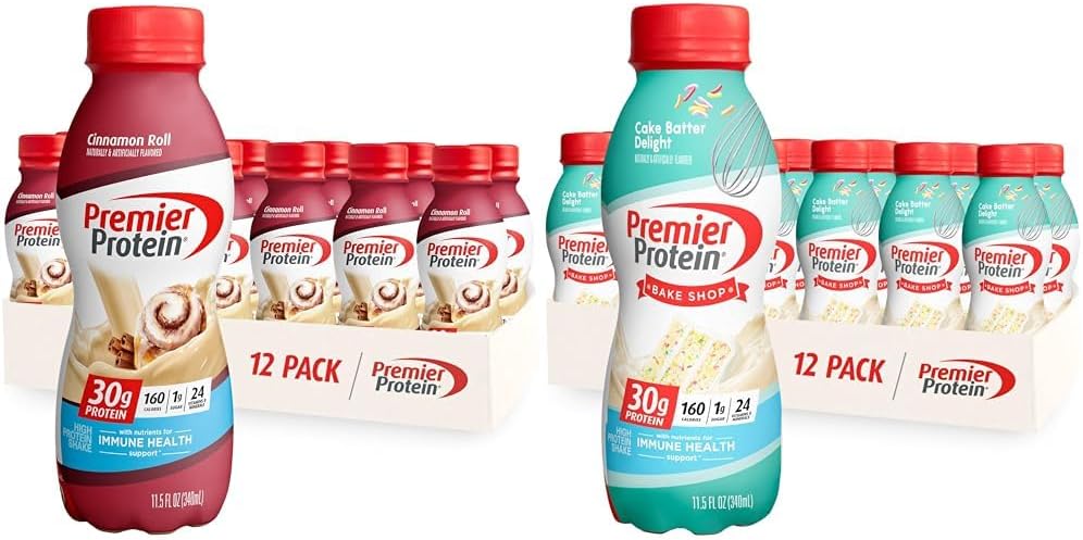 Premier Protein Shake, 30g Protein, 1g Sugar, 24 Vitamins&Minerals, Cinnamon Roll & Cake Batter Flavors, Pack of 12, 11.5oz Bottles