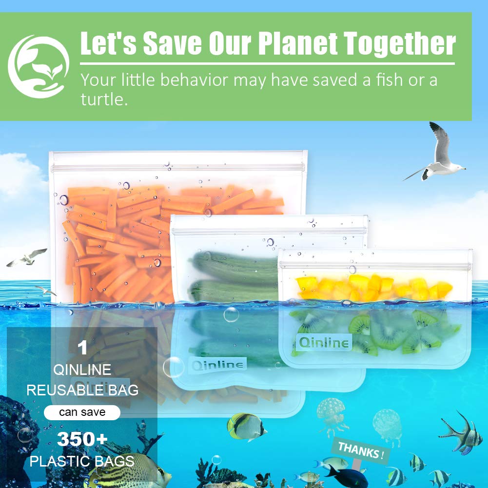 Qinline Reusable Food Storage Bags - 10 Pack Freezer Bags, Reusable Bags Silicone, Extra Thick Leakproof Reusable Lunch Bag for Salad Fruit Snack Travel - 2 Gallon 4 Sandwich 4 Snack Bags
