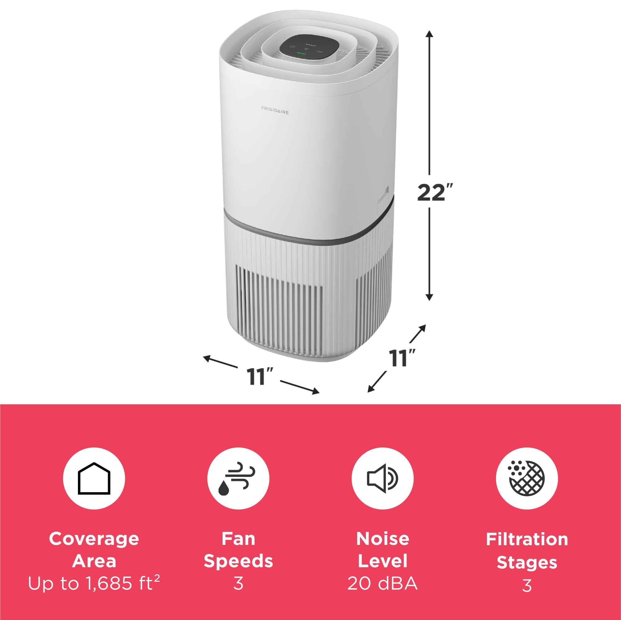 Frigidaire PureA300 HEPA Air Purifier with Wi-Fi for Small Bedrooms, Covers up to 850 Sq. Ft., 3-Stage Filtration, Energy Star Certification, Air Quality Monitoring, Smart Mode, Ultra Quiet, White