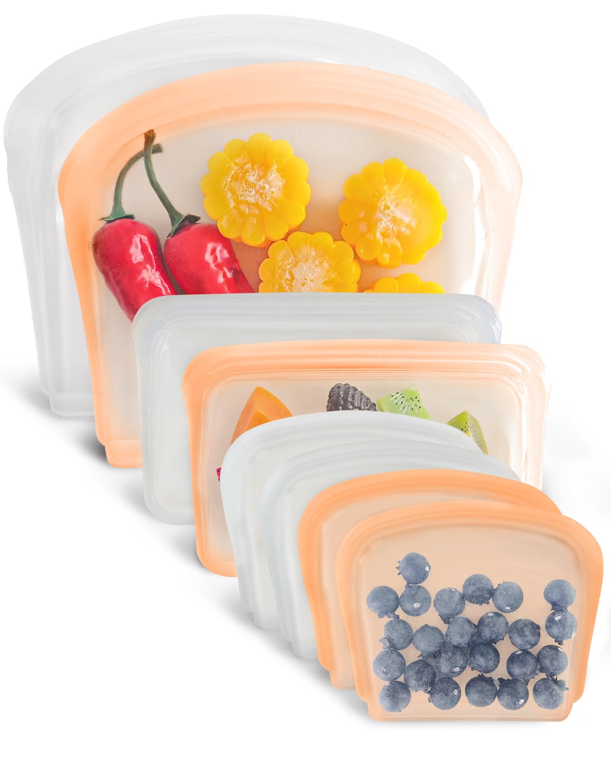 Reusable Silicone Storage Bag, 8Pack Pocket, Snack, and Sandwich Bag, Endurables Seal-Top Silicone Bags for Food Storage, Freezer, Microwave, Oven, Dishwasher Safe (Clear & Peach)