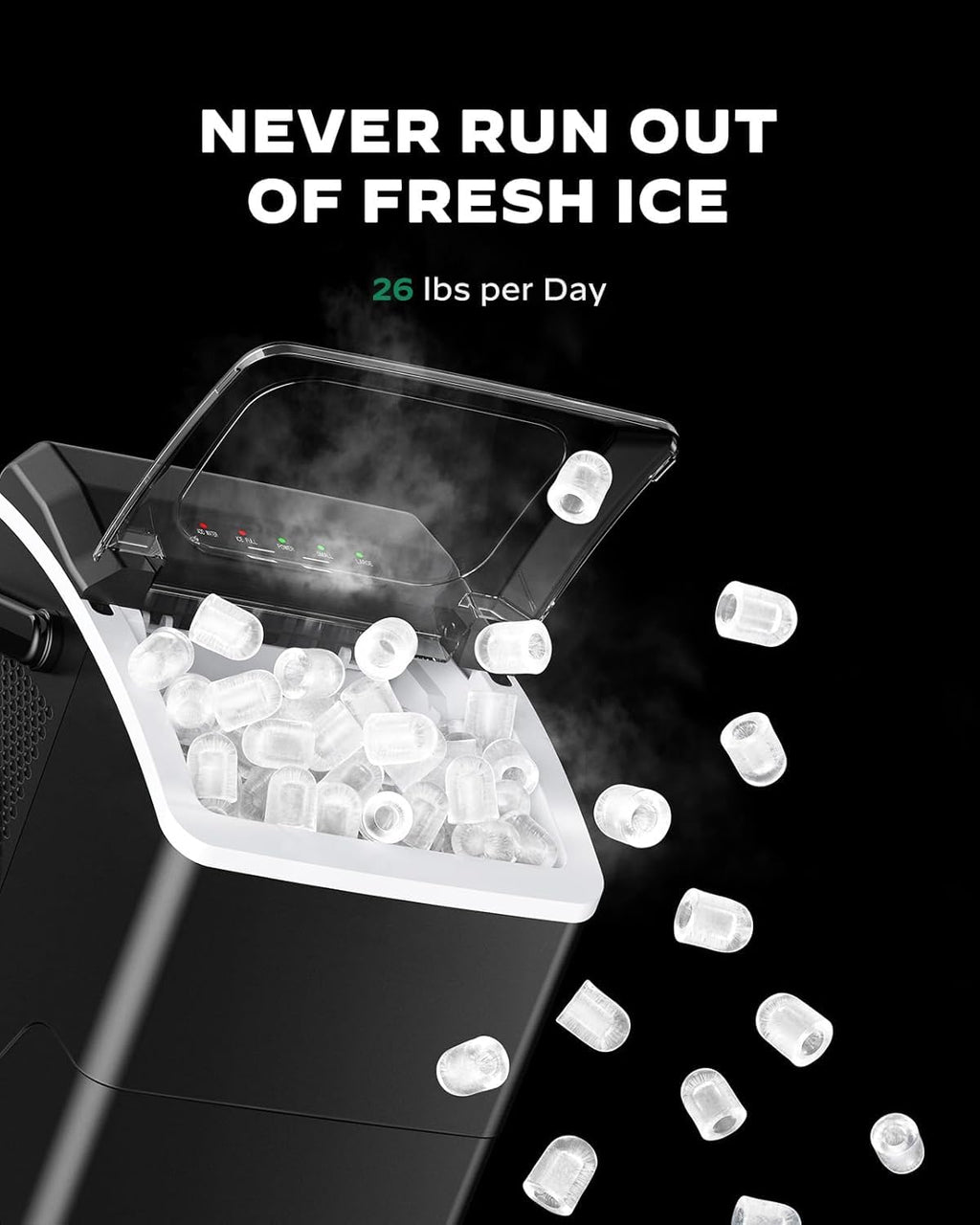 Silonn Countertop Ice Maker with 2.5L Expandable Ice Basket, 26.5lbs/24H, 9 Cubes in 6 Mins, 2 Ice Sizes, Self-Cleaning & LED Touch Control for Home Kitchen Office