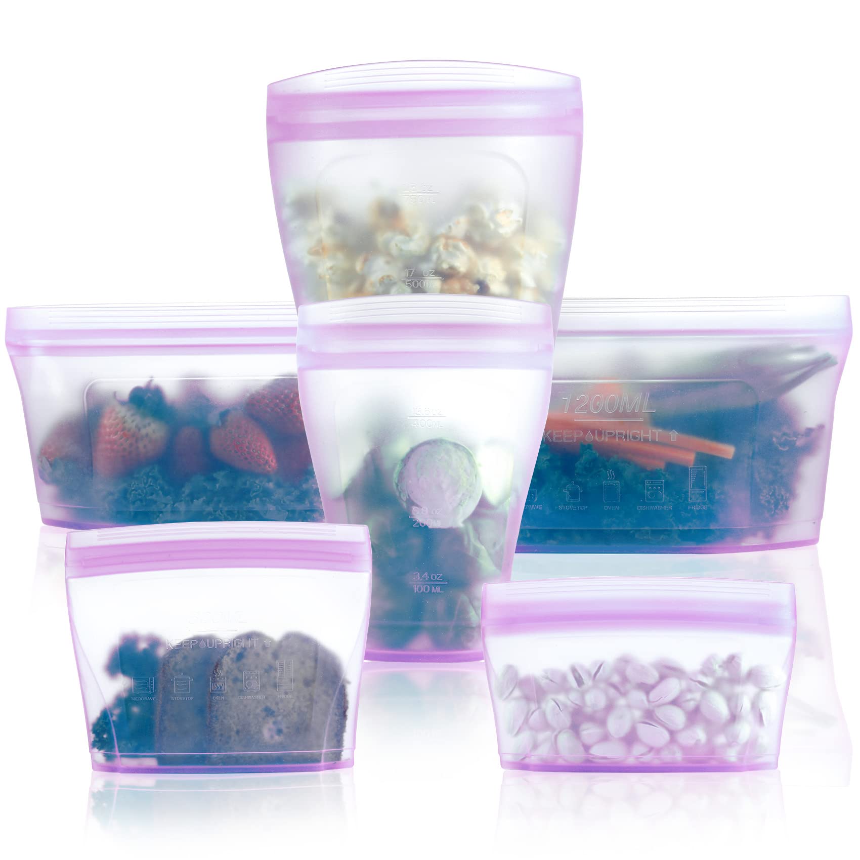 Reusable food container silicone bag, Upgrade second generation 6 Pcs Containers Storage, 100% Silicone Reusable Food Bag, Stand Up Preservation Bag, Rounded interior for easy cleaning.