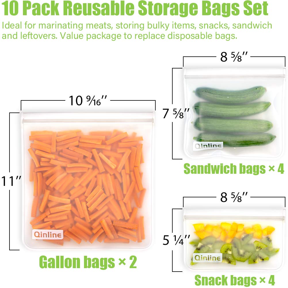 Qinline Reusable Food Storage Bags - 10 Pack Freezer Bags, Reusable Bags Silicone, Extra Thick Leakproof Reusable Lunch Bag for Salad Fruit Snack Travel - 2 Gallon 4 Sandwich 4 Snack Bags