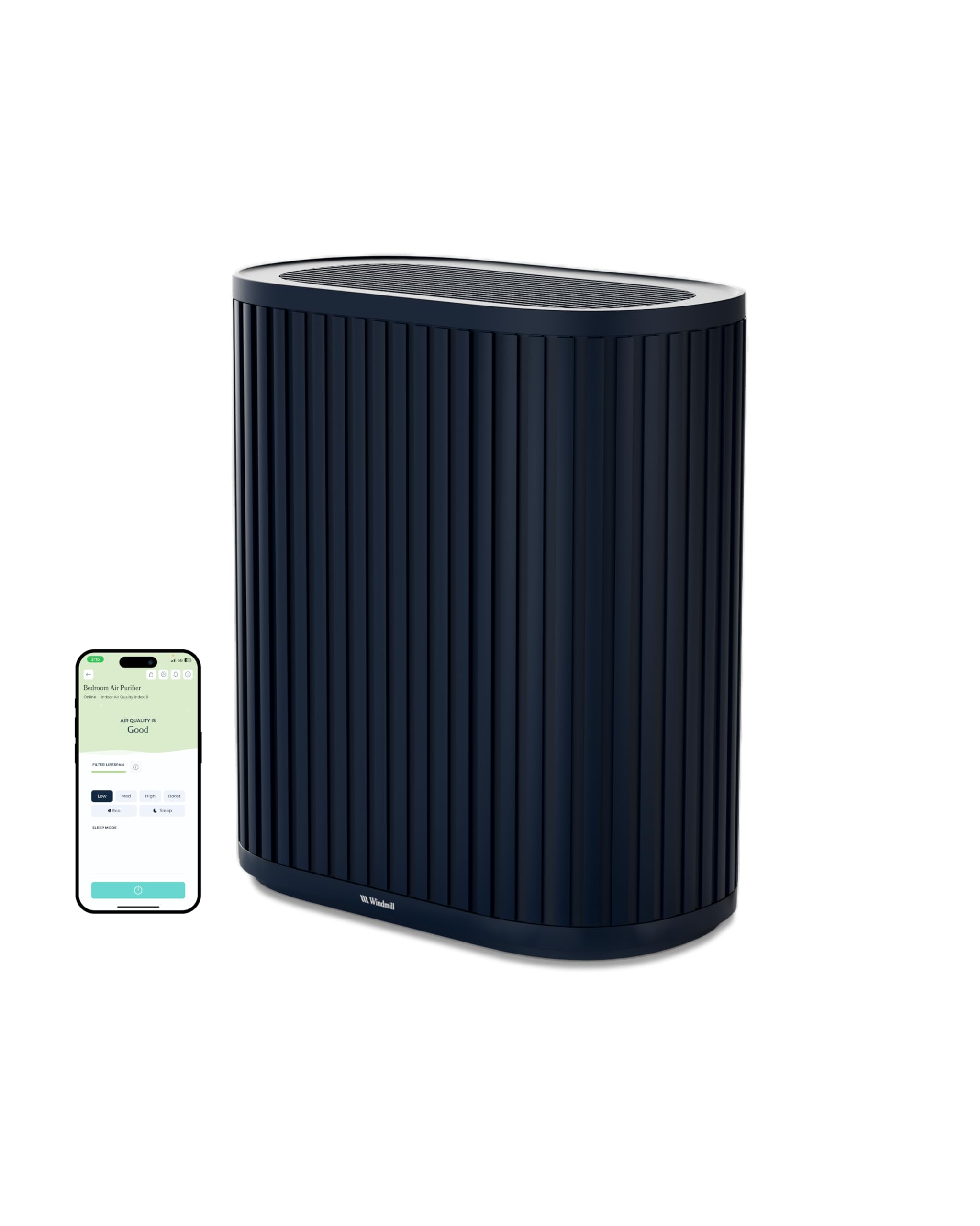 Windmill Air Purifier for Home - 3-In-1 Filtration for Dust, Smoke, & More - True HEPA Filter, Activated Carbon, & Pre-Filter - Ultra-Quiet - App Compatible - Covers Up To 975 sq ft - Navy