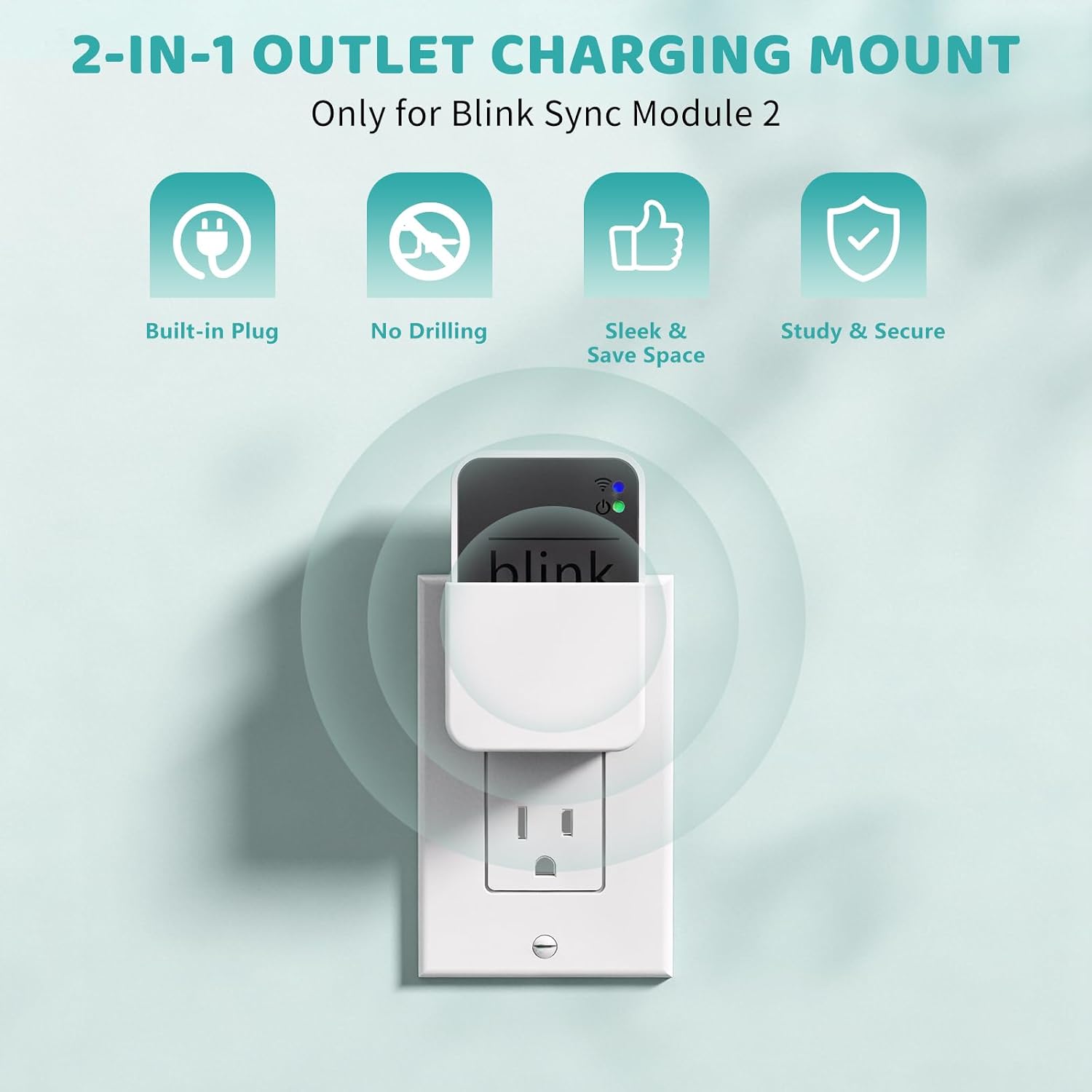 2-in-1 Outlet Wall Mount for Blink Sync Module 2, Space Saving Holder with Built-in Plug – Sync Module 2 Charging Station for Blink Outdoor/Indoor Camera, Easy Install & No Cable Needed | Integrated Design, Plug and Play