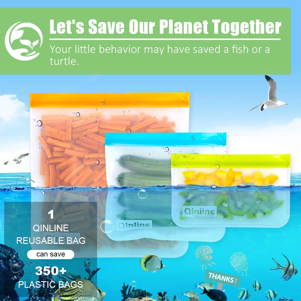 Qinline Reusable Food Storage Bags - 10 Pack Freezer Bags, Reusable Bags Silicone, Extra Thick Leakproof Reusable Lunch Bag for Salad Fruit Snack Travel - 2 Gallon 4 Sandwich 4 Snack Bags