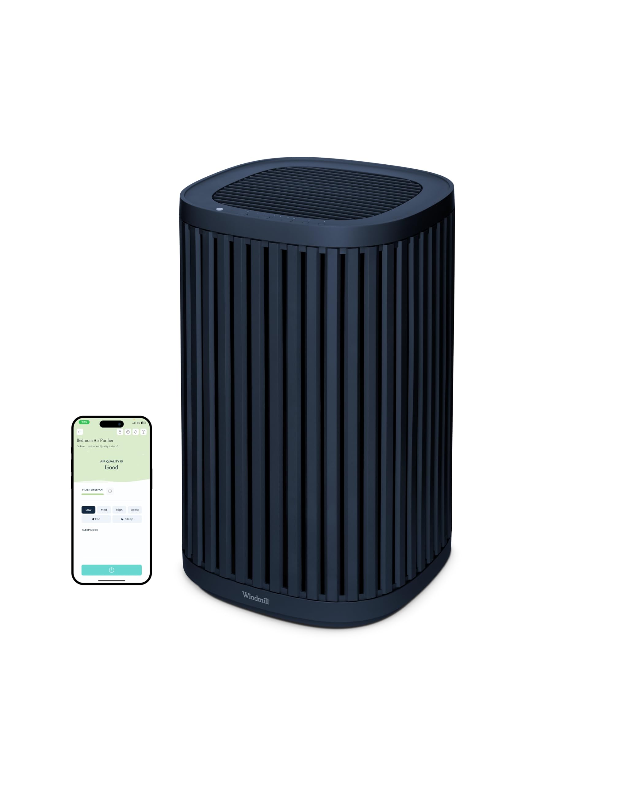 Windmill Air Purifier for Home - 3-In-1 Filtration for Dust, Smoke, & More - True HEPA Filter, Activated Carbon, & Pre-Filter - Ultra-Quiet - App Compatible - Covers Up To 975 sq ft - Navy