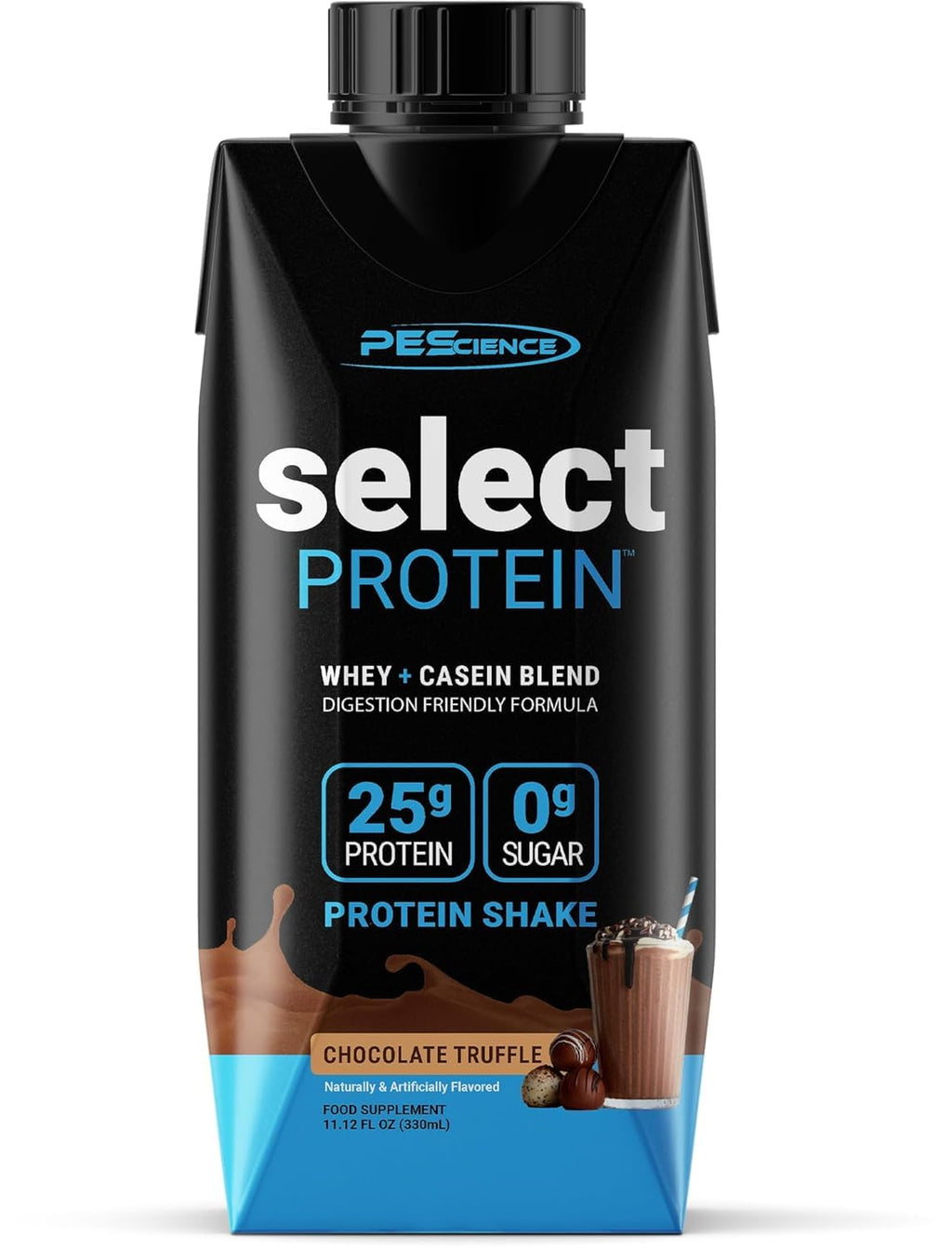 PEScience Select Protein Shake RTD, 25g Whey and Casein Blend, High Protein Drink, Gluten Free, Keto Friendly, 0g Sugar, Low Carb Ready to Drink Meal Replacement, Chocolate Truffle - Pack of 4