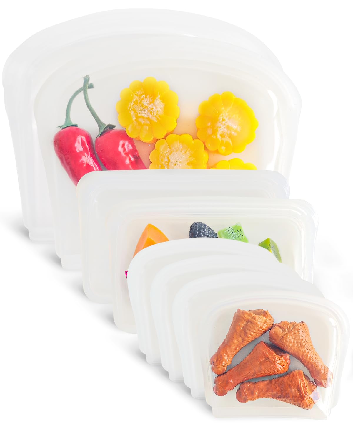 Reusable Silicone Storage Bag, 8Pack Pocket, Snack, and Sandwich Bag, Endurables Seal-Top Silicone Bags for Food Storage, Freezer, Microwave, Oven, Dishwasher Safe (Clear & Peach)