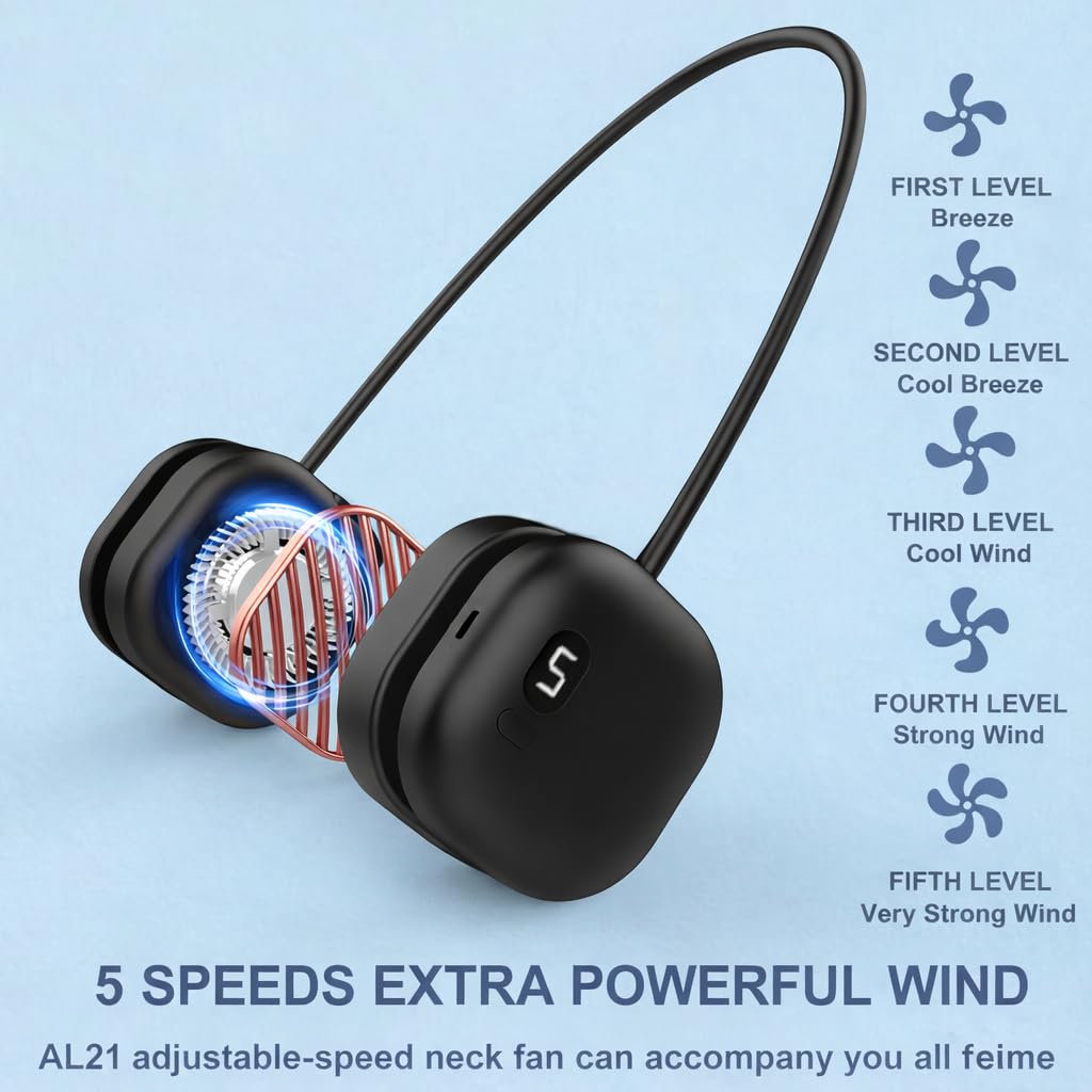 Portable Neck Fan, Hands Free Mini Personal Neck Fans for Women with 5 Speeds, Lightweight Small 5oz Wearable Cooling Fan, 360° Adjustable, Gift for Girl, Gym, Travel and Outdoor, White