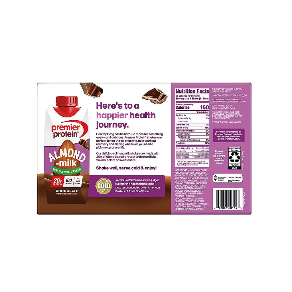 Premier Protein Chocolate Almond Milk Non-Dairy Protein Shake, 20g Protein, 5g Sugar, 160 Calories, 11 fl oz, 15 Pack