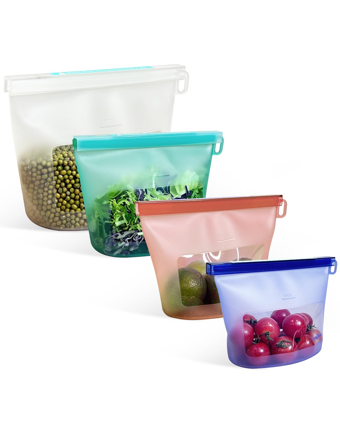 Reusable Silicone Food Storage Bags 4Pack with 2 Sandwich, 1 Lunch, and 1 Half-Gallon Bags, Multiuse Pouches Stand Up Zip Container for Soup and Leftovers, Microwave, Dishwasher, Oven and Freezer Safe