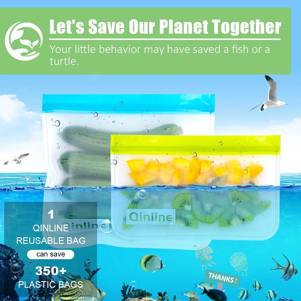 Qinline Reusable Food Storage Bags - 10 Pack Freezer Bags, Reusable Bags Silicone, Extra Thick Leakproof Reusable Lunch Bag for Salad Fruit Snack Travel - 2 Gallon 4 Sandwich 4 Snack Bags