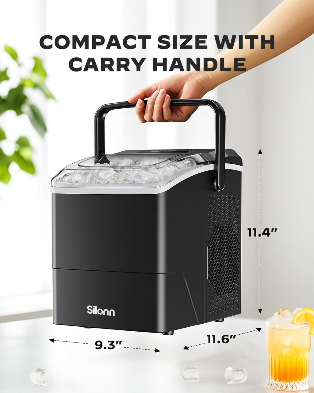 Silonn Countertop Ice Maker with 2.5L Expandable Ice Basket, 26.5lbs/24H, 9 Cubes in 6 Mins, 2 Ice Sizes, Self-Cleaning & LED Touch Control for Home Kitchen Office