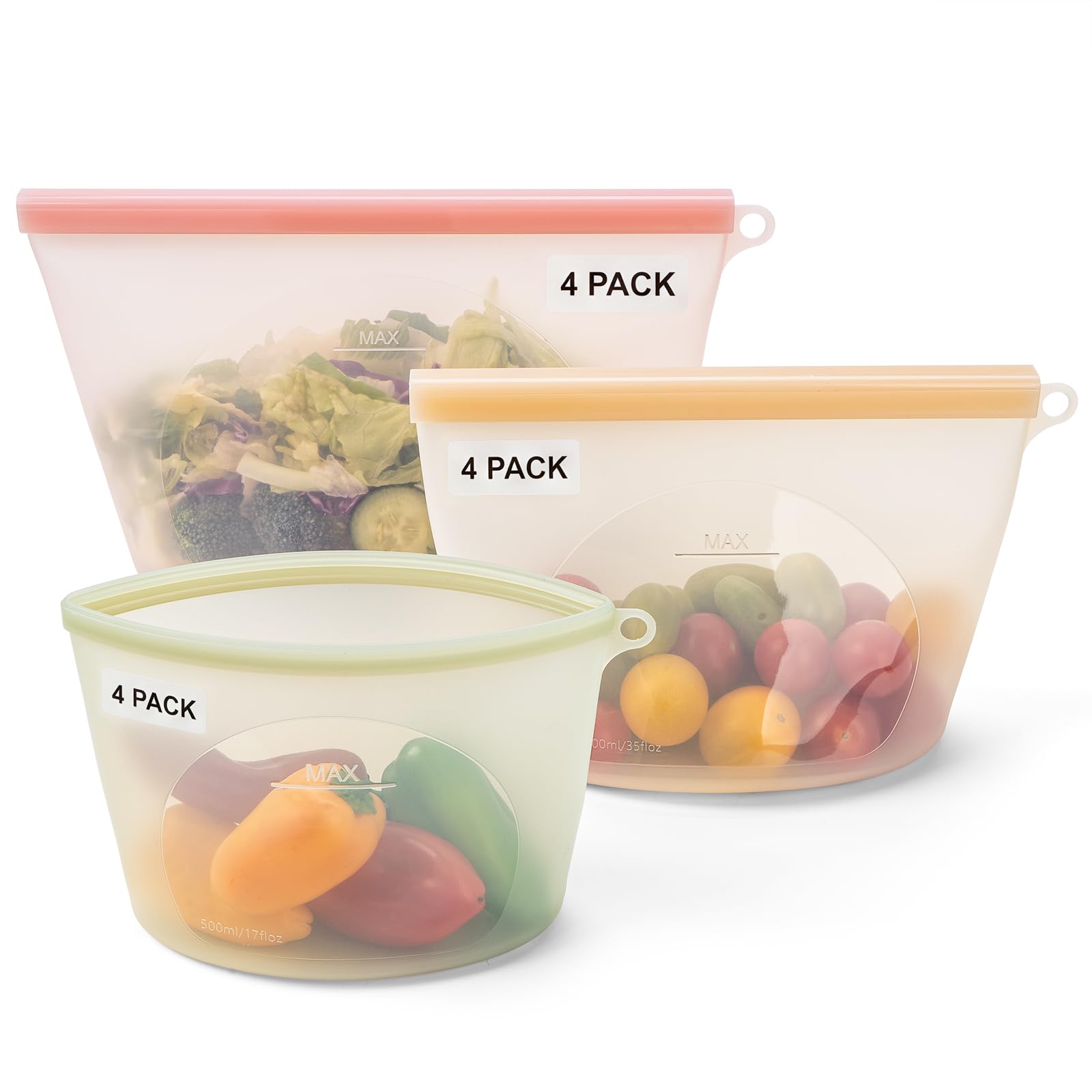 Extra Large Reusable Silicone Food Storage Bags 4 Pack, 0.8 Gallon/3000ml, 100% Silicone Stand-Up Wide-Open Zip-Lock Reusable Bags for Large Items, Microwave Freezer Oven Dishwasher Safe, Translucent