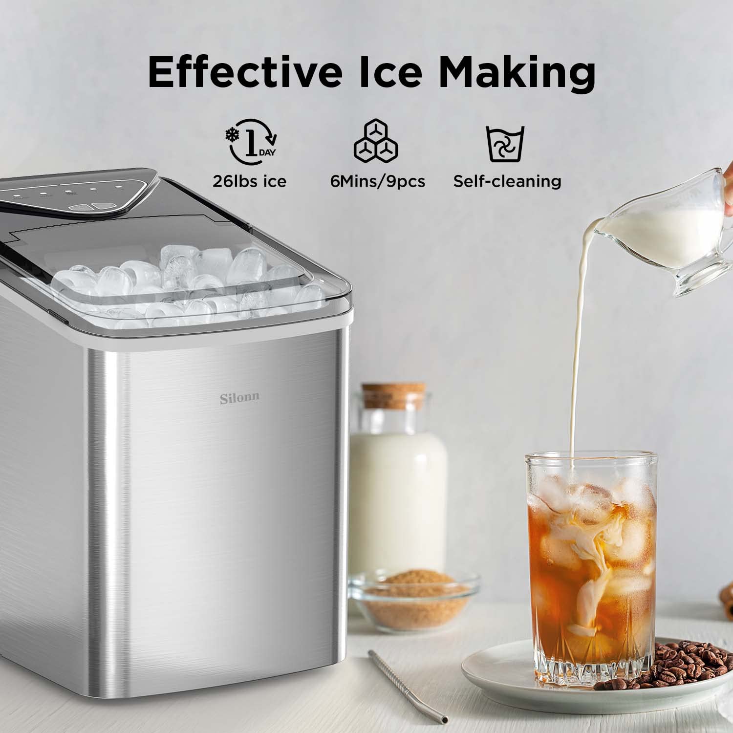 Silonn Countertop Ice Maker with 2.5L Expandable Ice Basket, 26.5lbs/24H, 9 Cubes in 6 Mins, 2 Ice Sizes, Self-Cleaning & LED Touch Control for Home Kitchen Office