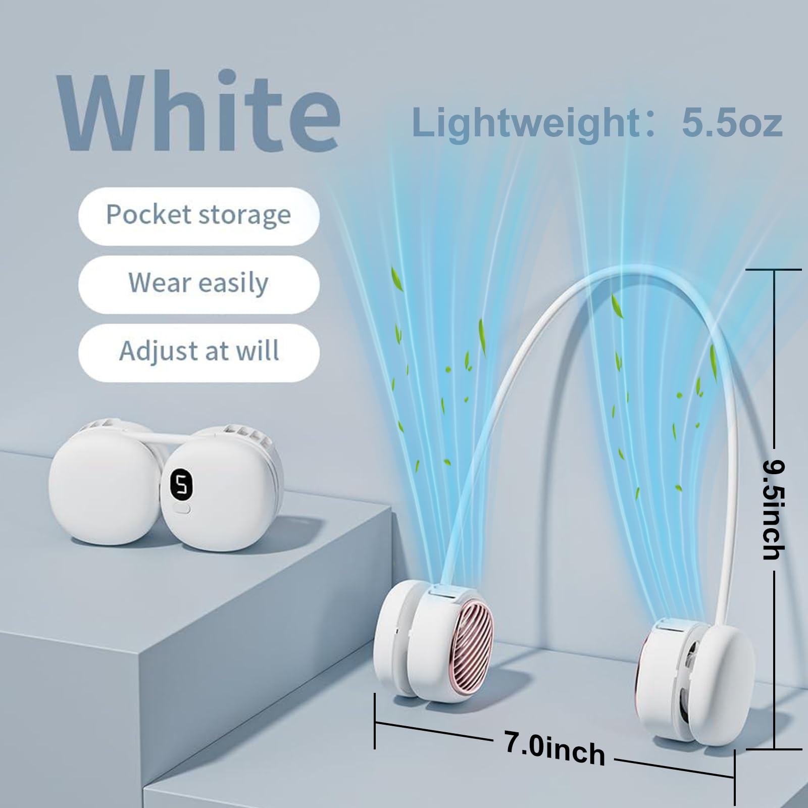 Portable Neck Fan, Hands Free Mini Personal Neck Fans for Women with 5 Speeds, Lightweight Small 5oz Wearable Cooling Fan, 360° Adjustable, Gift for Girl, Gym, Travel and Outdoor, White