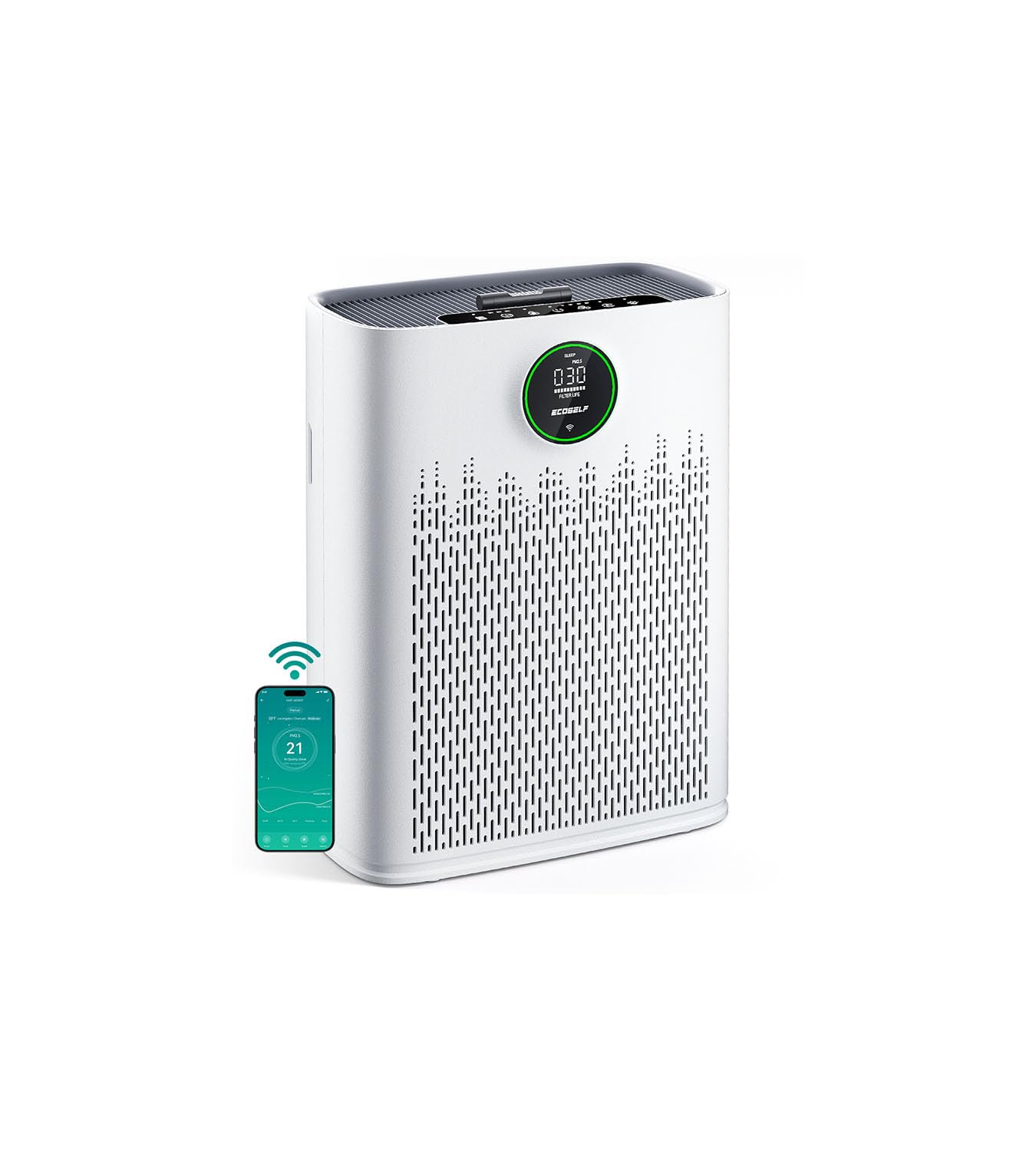 ECOSELF Smart Air Purifier for Home Large Rooms, with WiFi Control, Covers Up to 2400 Ft², Smart Mode, AQI Display, 22dB Sleep Mode & Aromatherapy with 2X-Power Filtration, HAP603WF, White