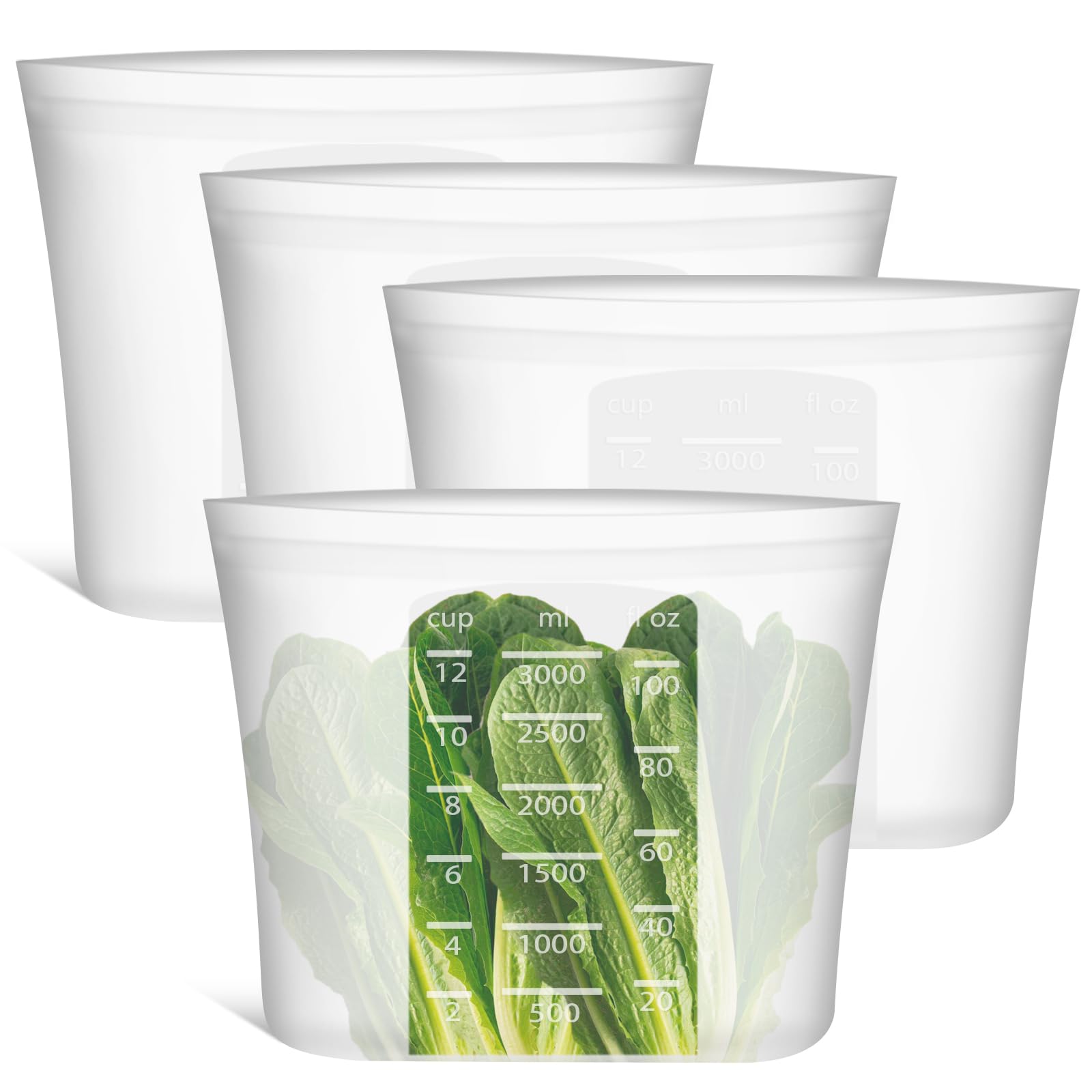 Extra Large Reusable Silicone Food Storage Bags 4 Pack, 0.8 Gallon/3000ml, 100% Silicone Stand-Up Wide-Open Zip-Lock Reusable Bags for Large Items, Microwave Freezer Oven Dishwasher Safe, Translucent
