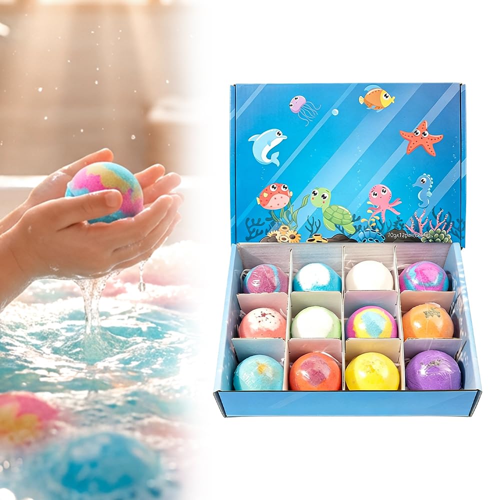 Ocean Toy Bath Salt Ball Sleeve Box Bath Bombs for Adult, Bath Bombs with Surprise Inside, 12-Pack Upgrade Easter Gifts Bubble Easter Basket Stuffers Easter Egg Fillers (Sea Animal 12Pcs)