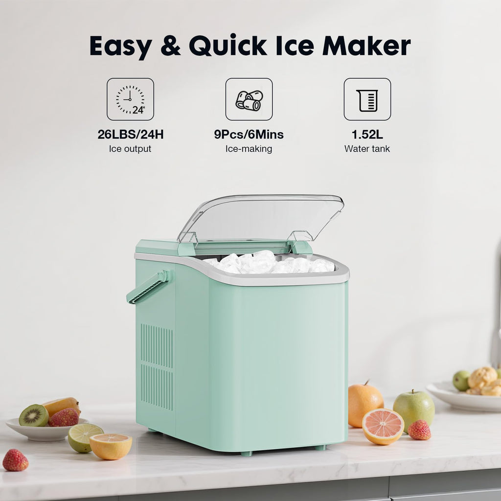 Sweetcrispy Countertop Ice Maker with Scoop, Basket and Handle, Portable Ice Machine 9 Cubes Ready in 6 Mins, 26.5lbs in 24Hrs, 2 Sizes for Home Kitchen Office Bar Party, Green