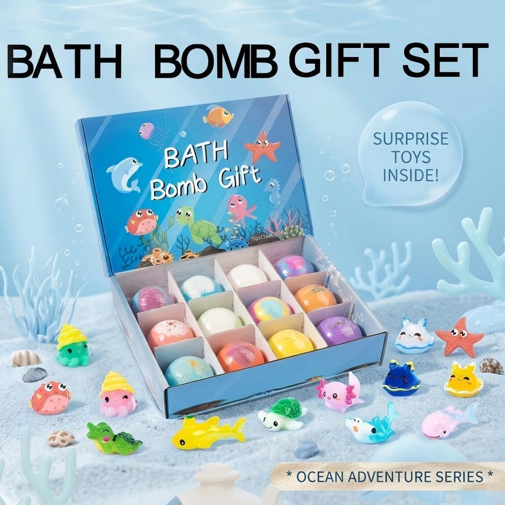 Bath Bombs with Surprise Inside, 12 Pack Fizzy Bubble Bath Gift Set, Ocean Theme Bath Fizzies, Natural Sea Salt Color Changing Spa Bath Balls (Sea Animal 12PC)
