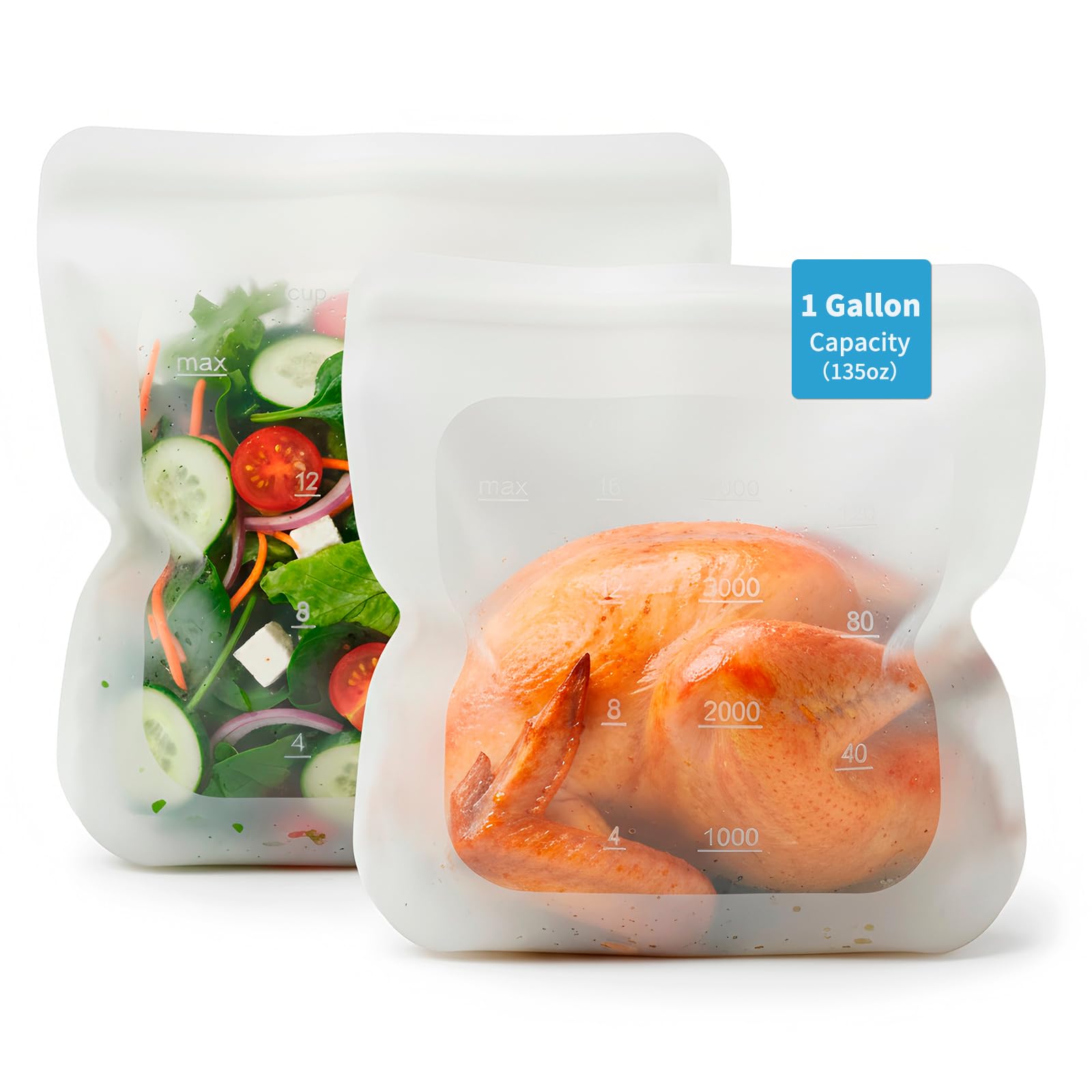 Extra Large Reusable Silicone Food Storage Bags 4 Pack, 0.8 Gallon/3000ml, 100% Silicone Stand-Up Wide-Open Zip-Lock Reusable Bags for Large Items, Microwave Freezer Oven Dishwasher Safe, Translucent