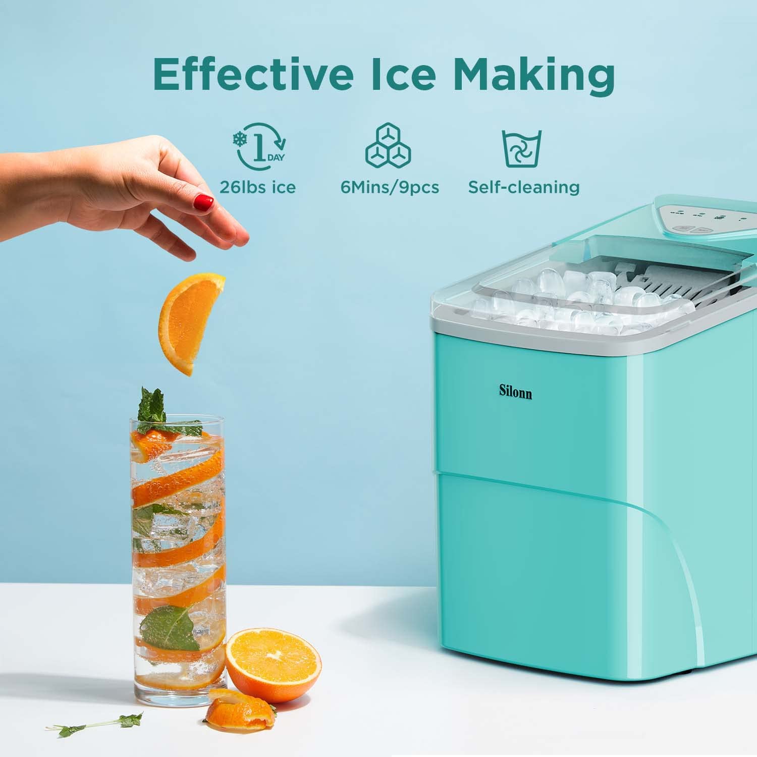 Silonn Countertop Ice Maker with 2.5L Expandable Ice Basket, 26.5lbs/24H, 9 Cubes in 6 Mins, 2 Ice Sizes, Self-Cleaning & LED Touch Control for Home Kitchen Office