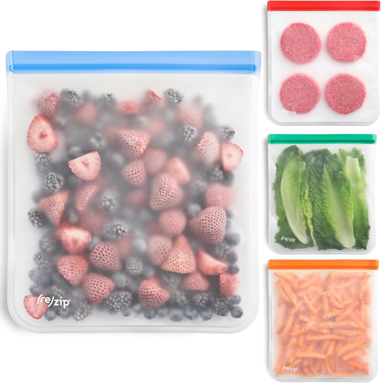 (re) zip Gallon Reusable Storage Bags, BPA-Free, Leakproof, Food-Grade 100% Food-Safe PEVA, for Food Storage and Freezer Use, Holds 16 cups | 128 fl oz, 4-Pack (Clear)