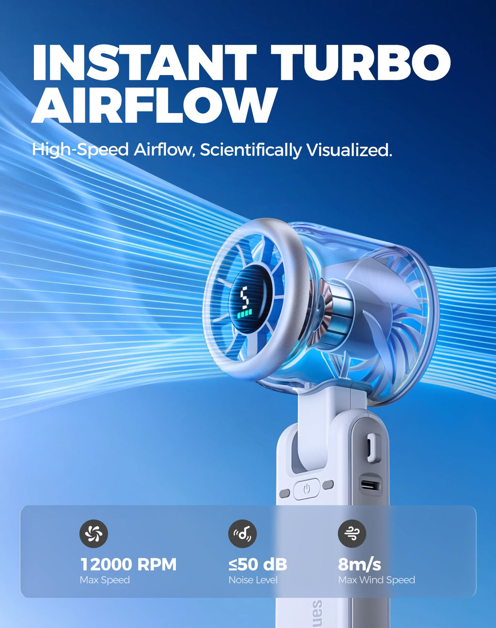 Diveblues Portable Handheld Turbo Fan | 3 IN 1 Hand/Neck/Desk Fan, Up to 12 Working Hours, 5 Gear Wind, Battery Operated, Travel, Working, Outdoor Activities
